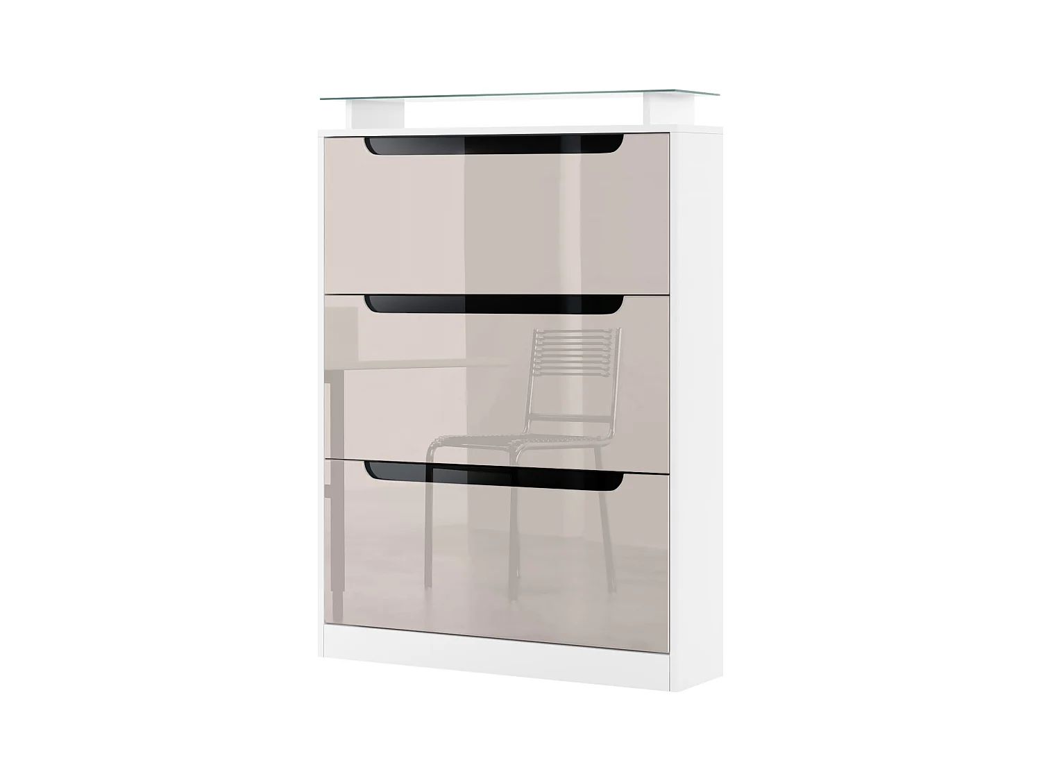 Meuble à chaussures Space, basculant pour 24 paires de chaussures avec 3 clapets et étagère en verre, Blanc mat/Gris sable haute brillance (89 x 128 x 23 cm)