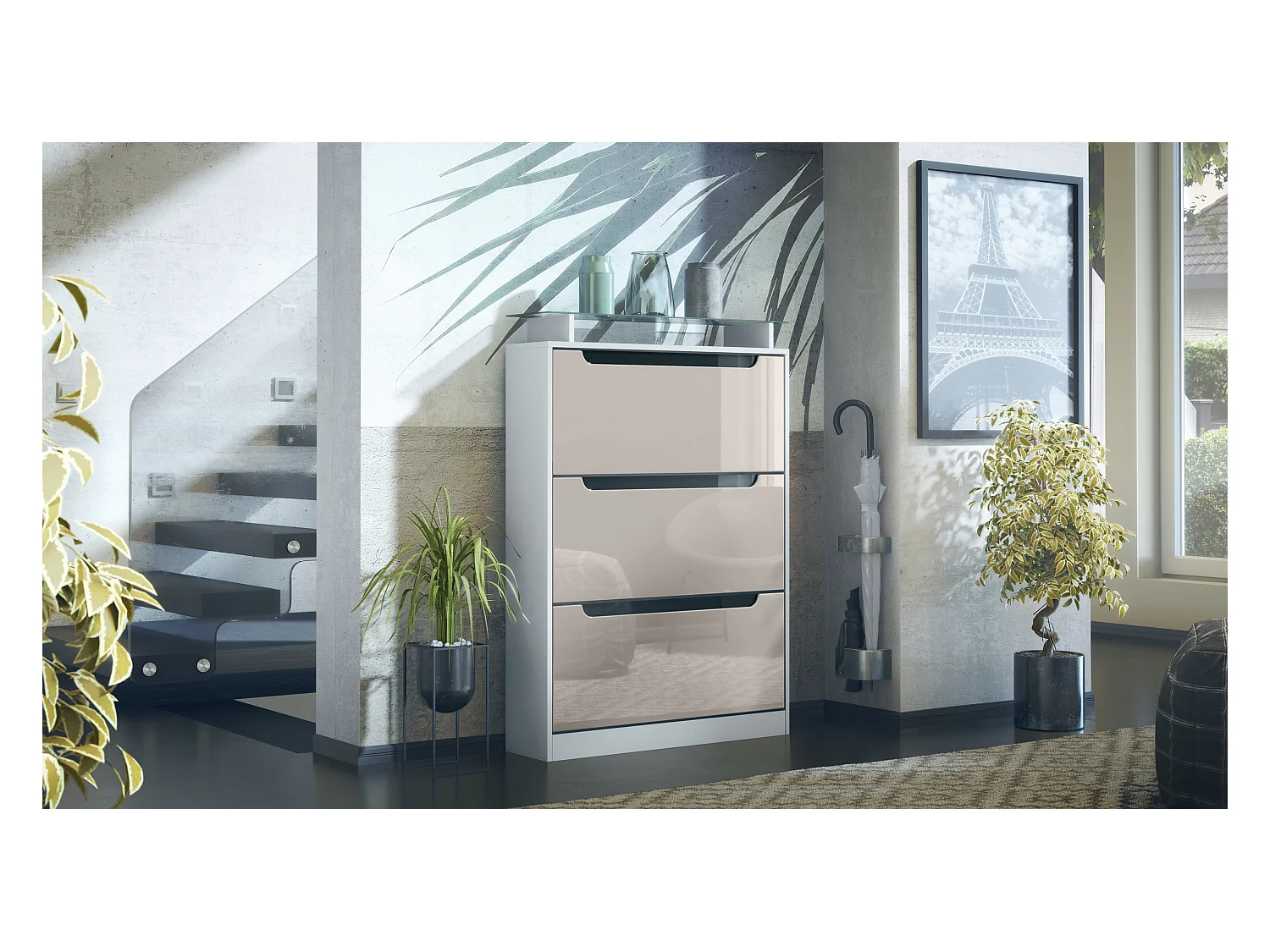 Meuble à chaussures Space, basculant pour 24 paires de chaussures avec 3 clapets et étagère en verre, Blanc mat/Gris sable haute brillance (89 x 128 x 23 cm)