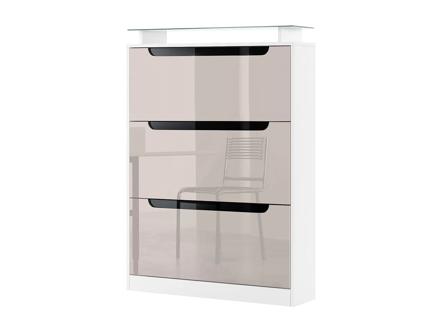 Shoe Cabinet Space, mobile per 24 paia di scarpe con 3 ante a ribalta e un ripiano in vetro, bianco opaco/grigio sabbia lucido (89 x 128 x 23 cm)