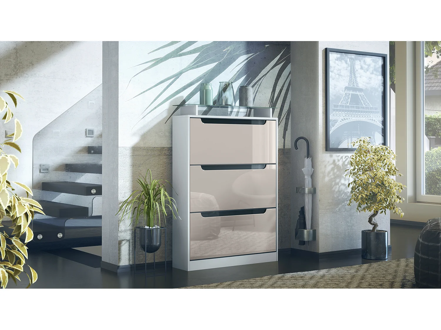 Shoe Cabinet Space, mobile per 24 paia di scarpe con 3 ante a ribalta e un ripiano in vetro, bianco opaco/grigio sabbia lucido (89 x 128 x 23 cm)