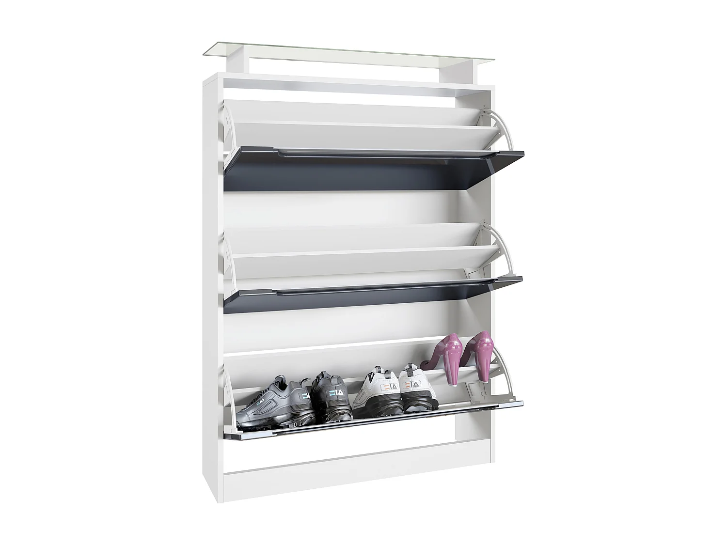 Shoe Cabinet Space, mobile per 24 paia di scarpe con 3 ante a ribalta e un ripiano in vetro, bianco opaco/grigio sabbia lucido (89 x 128 x 23 cm)
