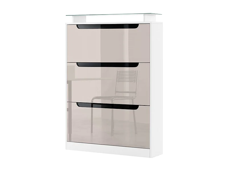 Shoe Cabinet Space, mobile per 24 paia di scarpe con 3 ante a ribalta e un ripiano in vetro, bianco opaco/grigio sabbia lucido (89 x 128 x 23 cm)
