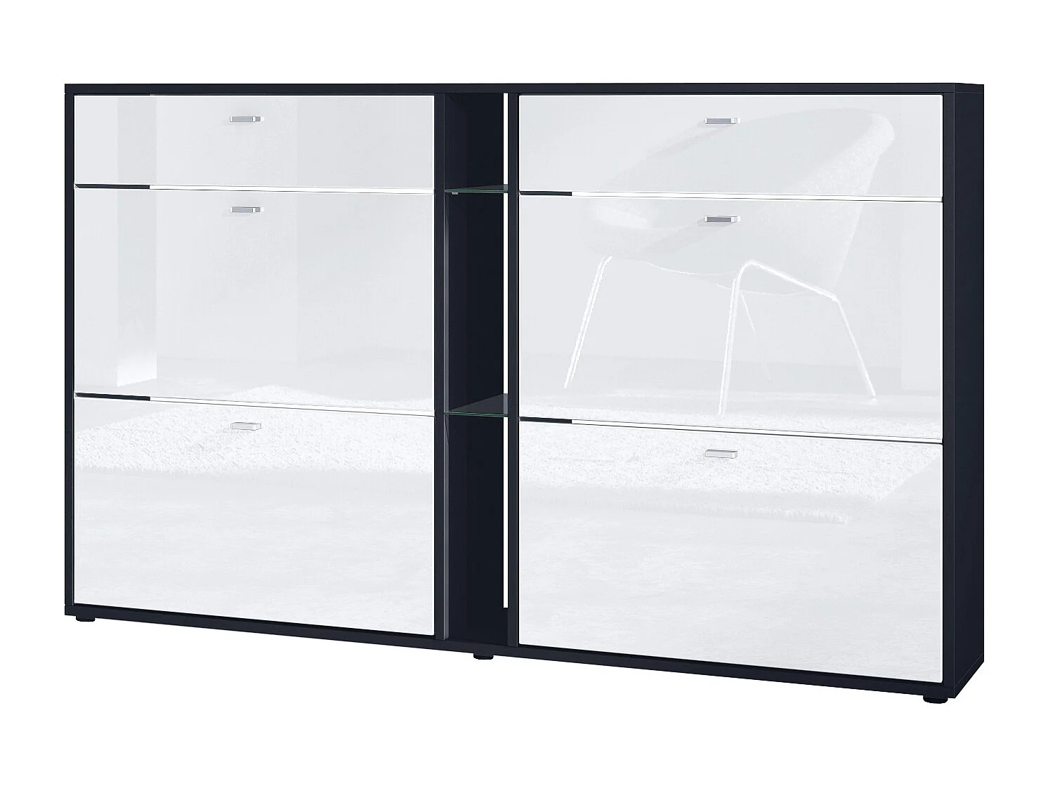 Scarpiera Today con 4 ante e 2 cassetti 155,5 x 95 x 28 cm, struttura in nero opaco, frontali in bianco lucido