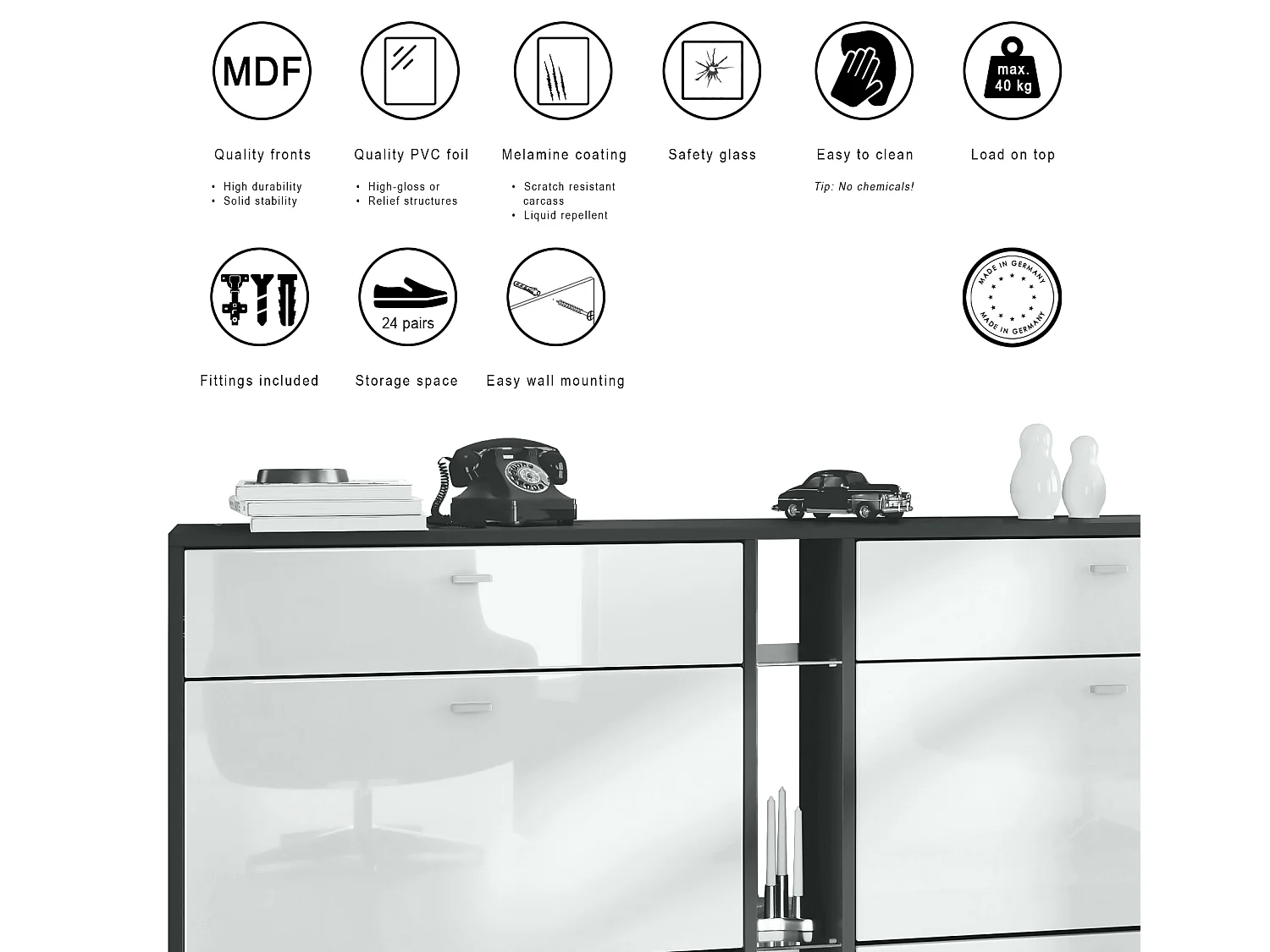 Scarpiera Today con 4 ante e 2 cassetti 155,5 x 95 x 28 cm, struttura in nero opaco, frontali in bianco lucido