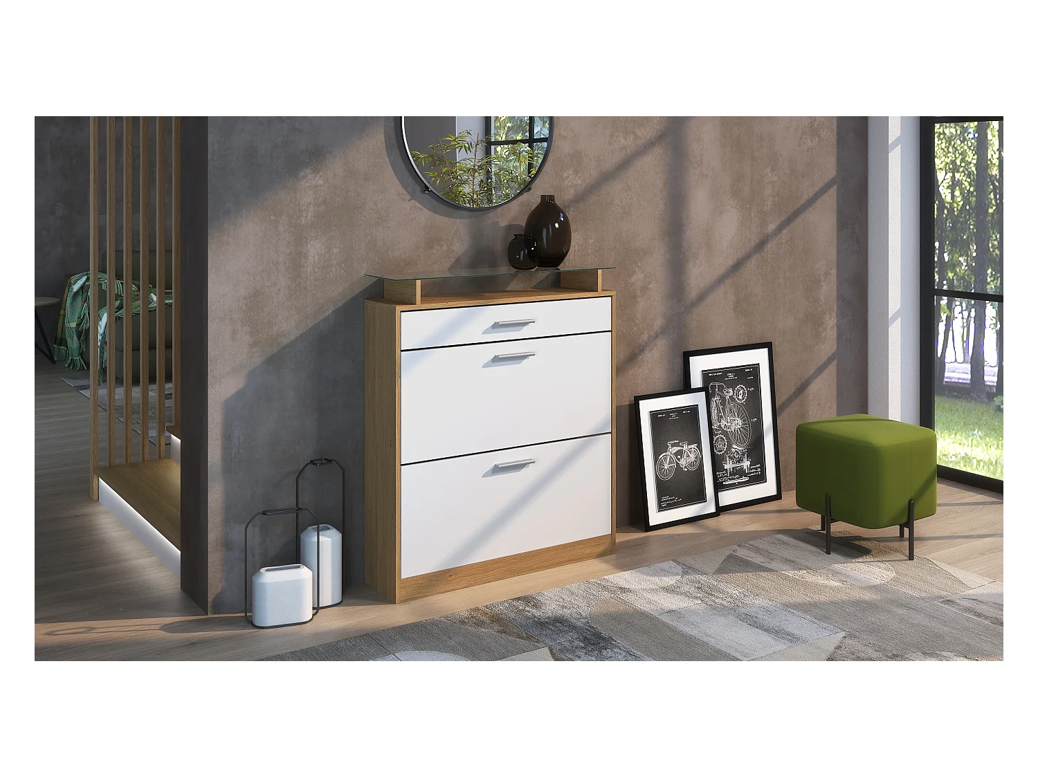 Meuble à Chaussures Loret – Rangement pour 16 Paires avec 1 Tiroir, Étagère à Chaussures en Chêne Scandi / blanc mat (89 x 104 x 23 cm)