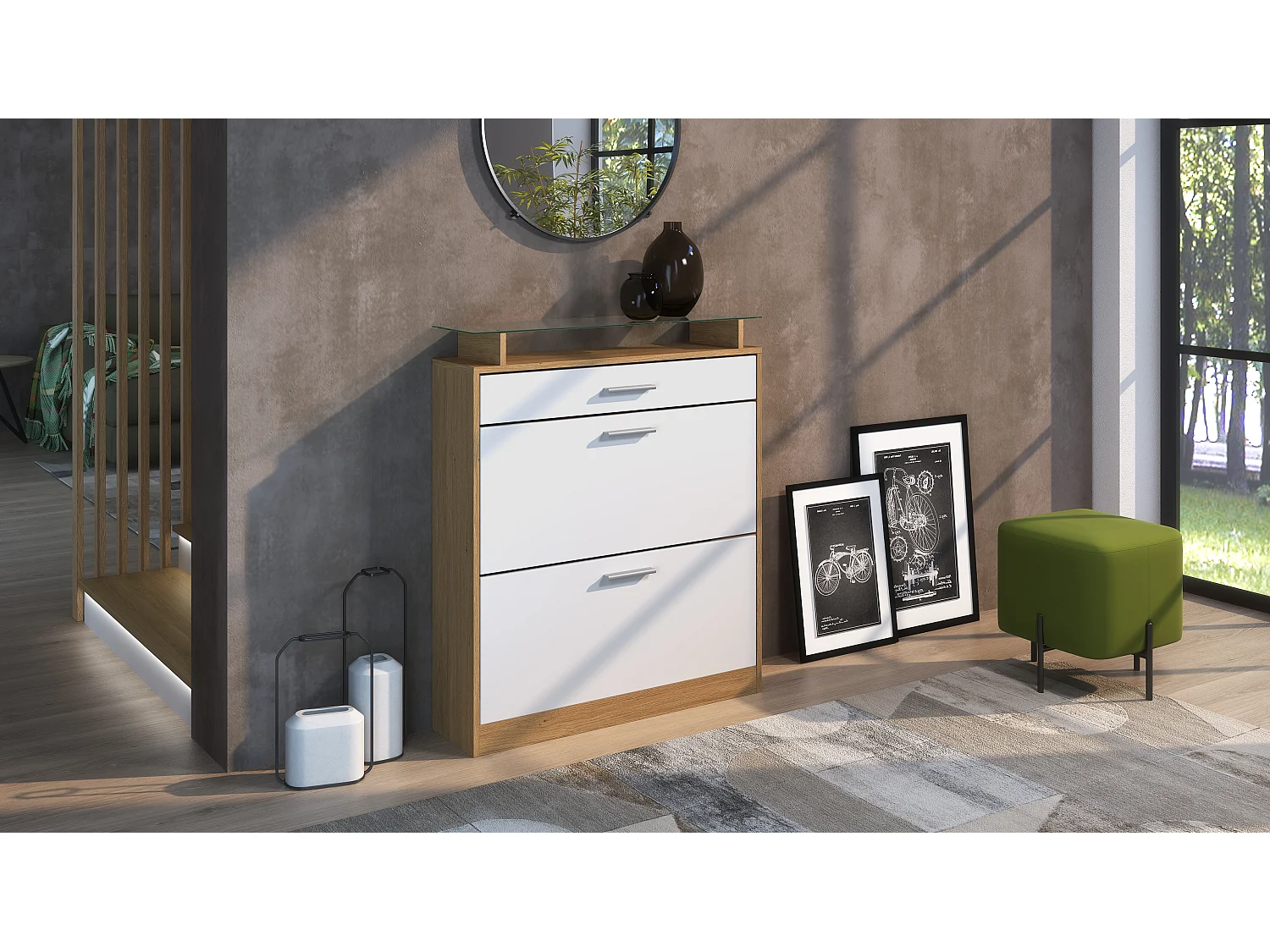 Scarpiera Loret – Mobile per 16 Paia di Scarpe con 1 Cassetto, Scaffale per Scarpe in Rovere Scandi / bianco opaco (89 x 104 x 23 cm)