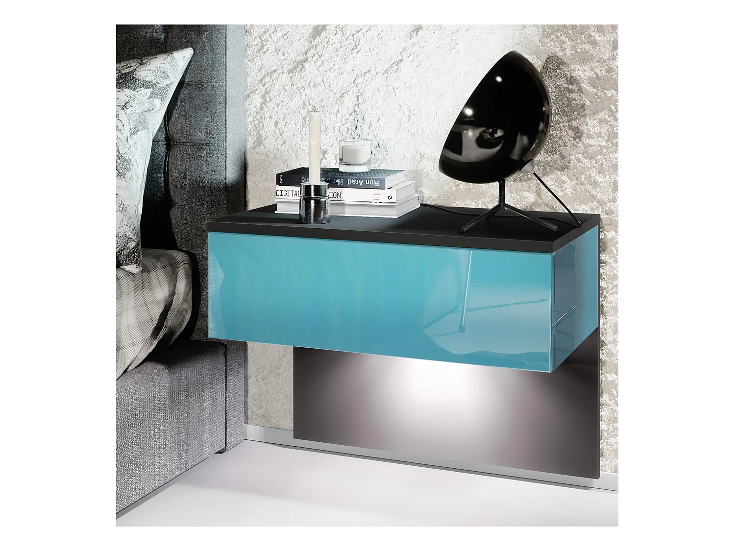 Table de chevet Sleep, Table de nuit à fixation murale avec tiroir, Noir mat/Turquoise haute brillance, éclairage LED inclus (60 x 46 x 35 cm)