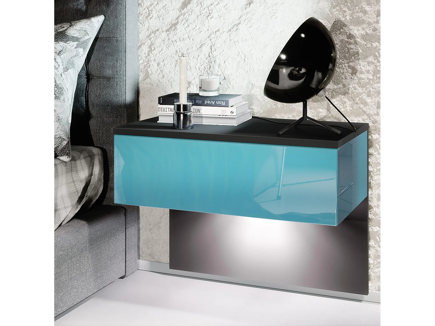 Table de chevet Sleep, Table de nuit à fixation murale avec tiroir, Noir mat/Turquoise haute brillance, éclairage LED inclus (60 x 46 x 35 cm)