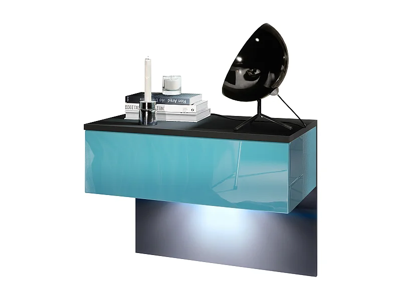 Table de chevet Sleep, Table de nuit à fixation murale avec tiroir, Noir mat/Turquoise haute brillance, éclairage LED inclus (60 x 46 x 35 cm)