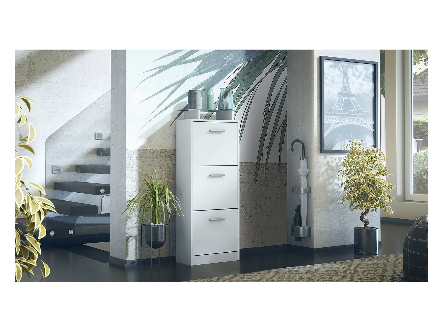 Meuble à Chaussures Lavia V2, Range-Chaussures pour 12 Paires avec 3 Abattants et Étagère en Verre, blanc mat/blanc mat (46 x 128 x 23 cm)