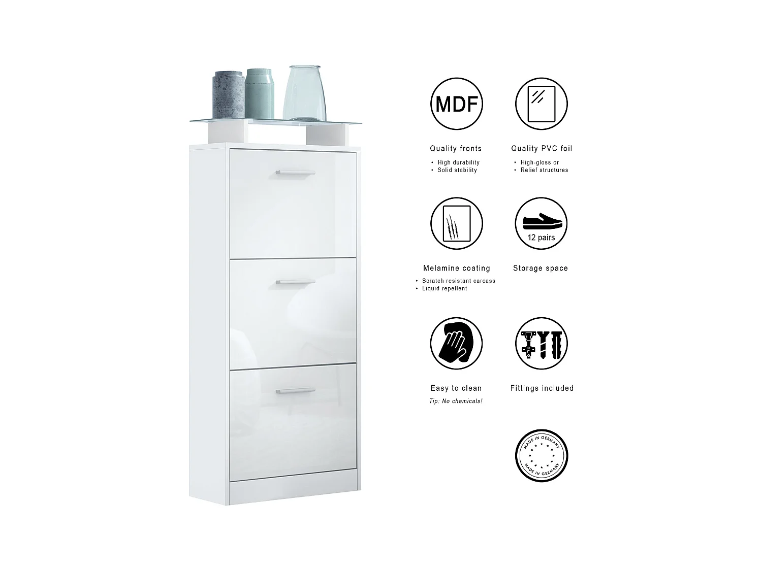 Meuble à Chaussures Lavia V2, Range-Chaussures pour 12 Paires avec 3 Abattants et Étagère en Verre, blanc mat/blanc mat (46 x 128 x 23 cm)