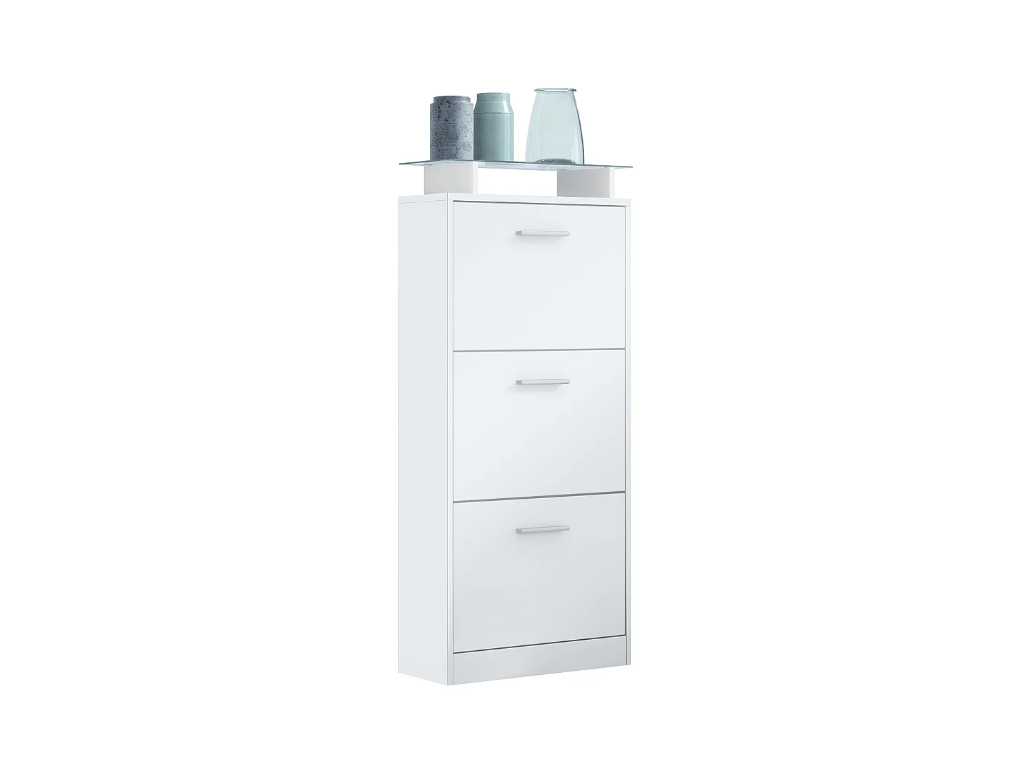 Meuble à Chaussures Lavia V2, Range-Chaussures pour 12 Paires avec 3 Abattants et Étagère en Verre, blanc mat/blanc mat (46 x 128 x 23 cm)