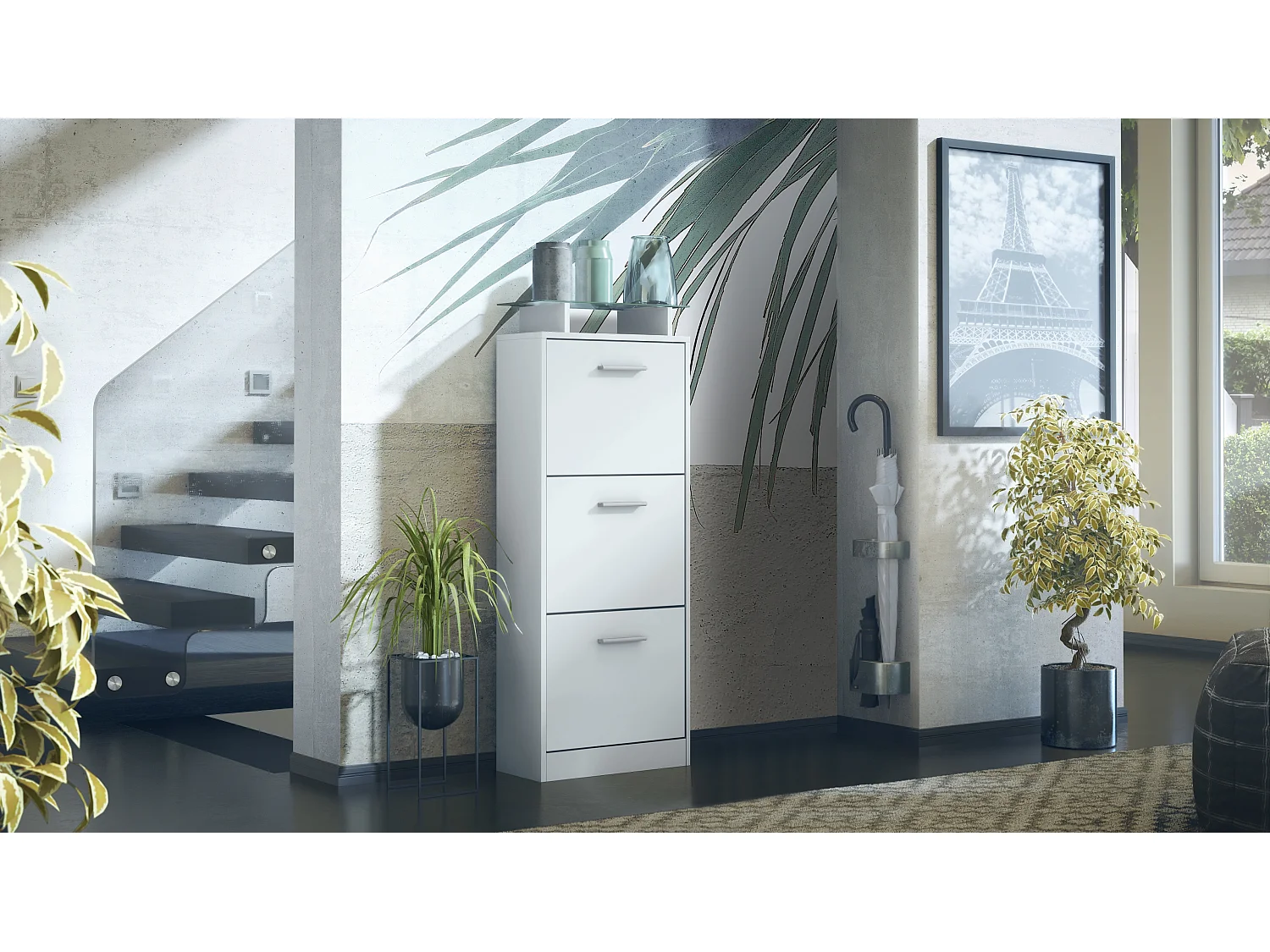 Vladon Scarpiera Lavia V2, Scarpiera per 12 Paia di Scarpe con 3 Ribalte e Mensola in Vetro, bianco opaco/bianco opaco (46 x 128 x 23 cm)