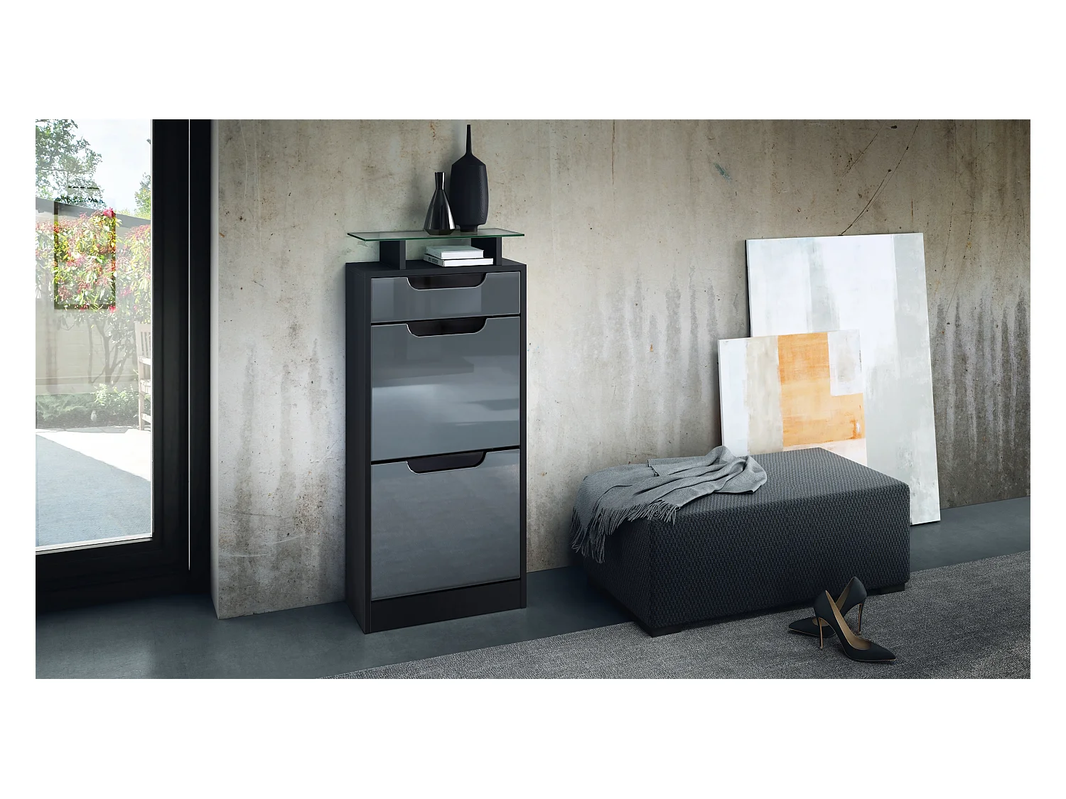 Meuble à chaussures Fiesta V2, Corps en Noir mat / Façades en Gris haute brillance avec un decor en Noir haute brillance