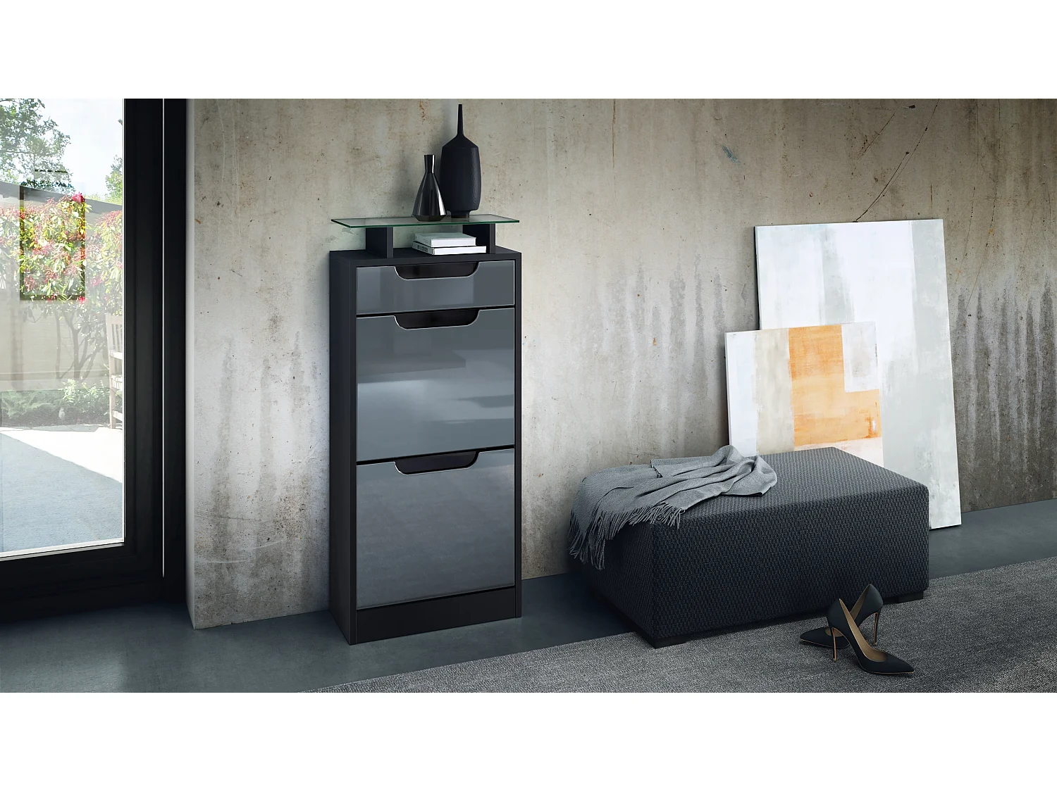 Scarpiera Fiesta V2, struttura in nero opaco / frontale in grigio lucido con angoli di compensazione in nero lucido