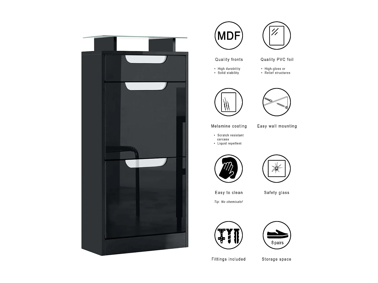 Scarpiera Fiesta V2, struttura in nero opaco / frontale in grigio lucido con angoli di compensazione in nero lucido