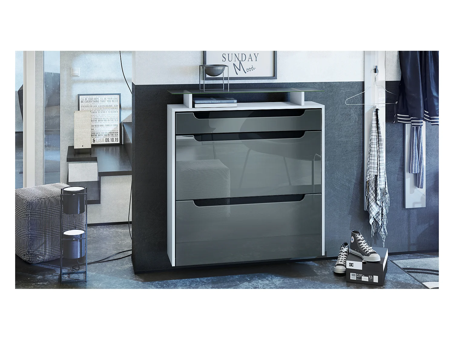 Scarpiera  Annie per 16 paia di scarpe con 2 ante a ribalta e ripiano in vetro, bianco opaco/grigio lucido (89 x 96 x 23 cm)