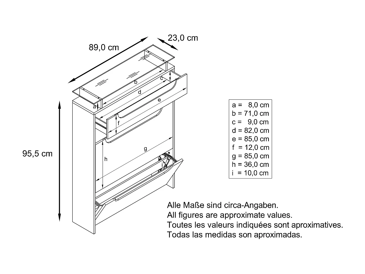 Scarpiera  Annie per 16 paia di scarpe con 2 ante a ribalta e ripiano in vetro, bianco opaco/grigio lucido (89 x 96 x 23 cm)