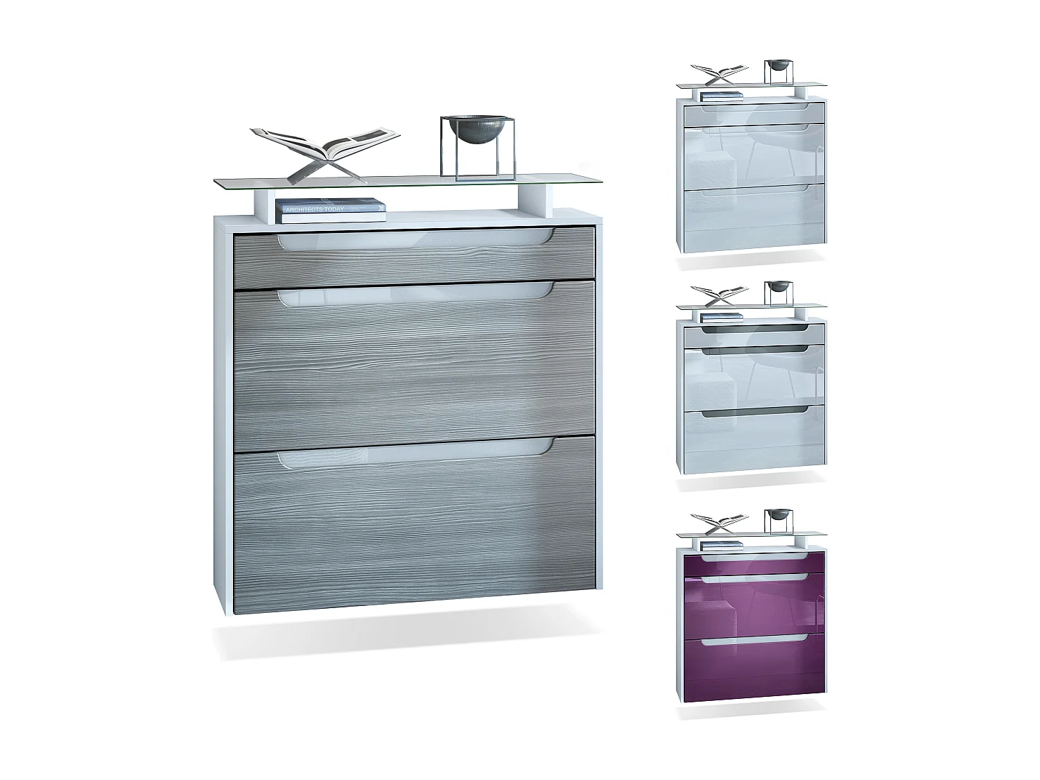 Scarpiera  Annie per 16 paia di scarpe con 2 ante a ribalta e ripiano in vetro, bianco opaco/grigio lucido (89 x 96 x 23 cm)