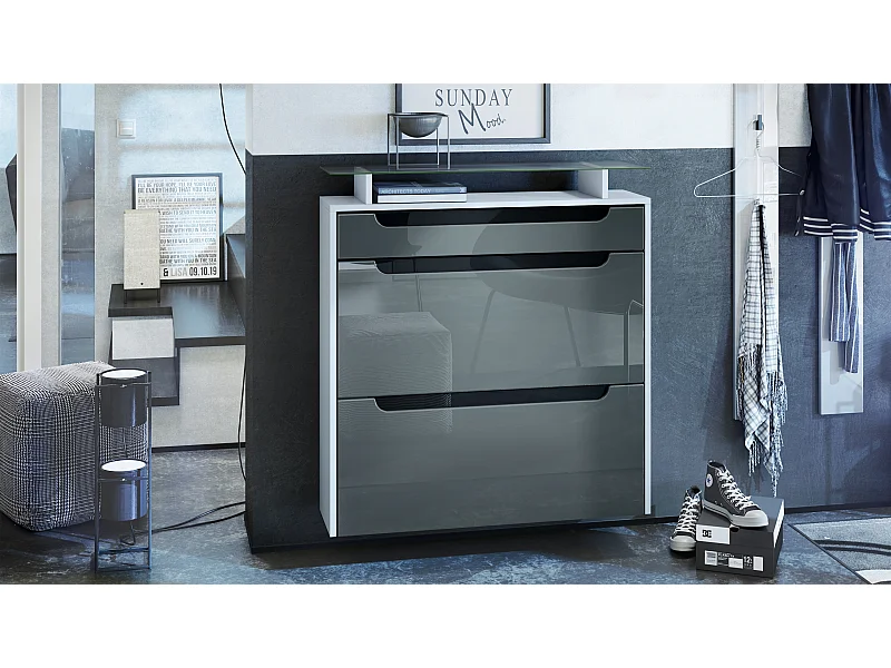 Meuble chaussures Annie pour 16 paires de chaussures avec 2 clapets et 1 tablette en verre, Blanc mat/Gris haute brillance (89 x 96 x 23 cm)