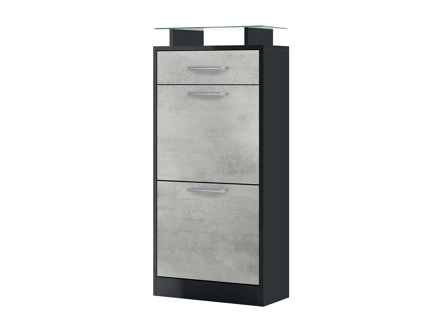 Meuble chaussure Loret V2, Étagère à chaussures pour 8 paires de chaussures avec 2 clapets, 1 tiroir, Noir mat/Aspect Béton Oxyde (46 x 104 x 23 cm)