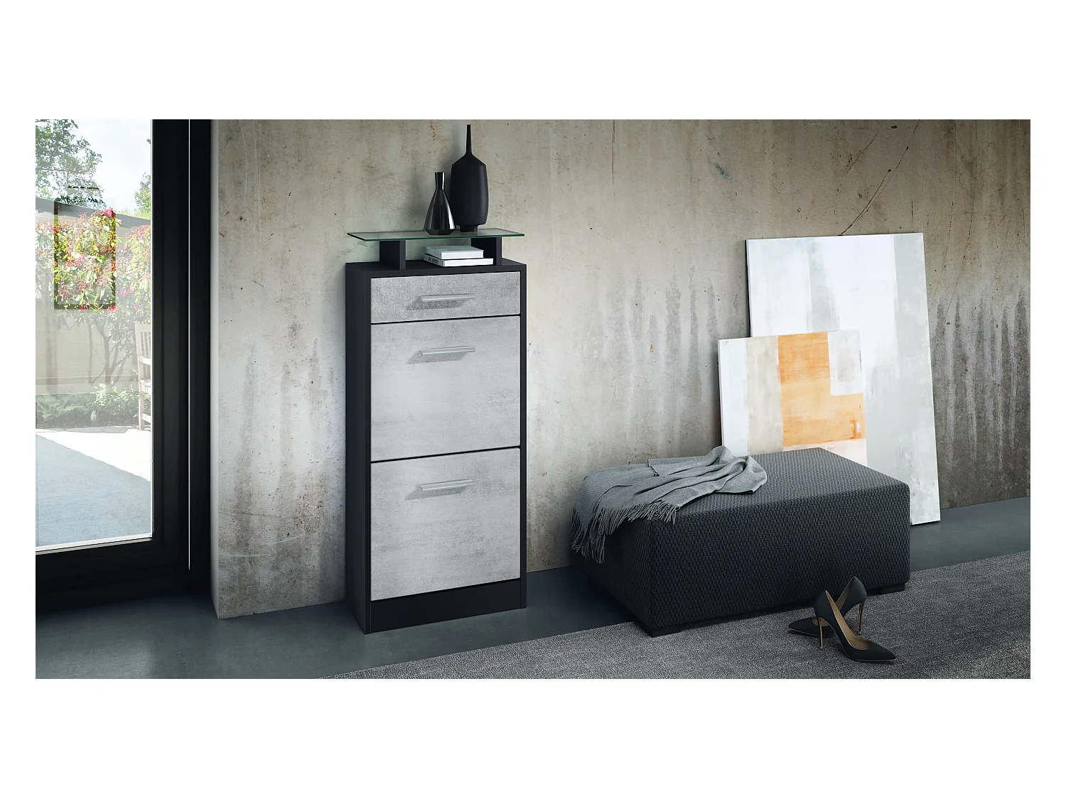 Meuble chaussure Loret V2, Étagère à chaussures pour 8 paires de chaussures avec 2 clapets, 1 tiroir, Noir mat/Aspect Béton Oxyde (46 x 104 x 23 cm)