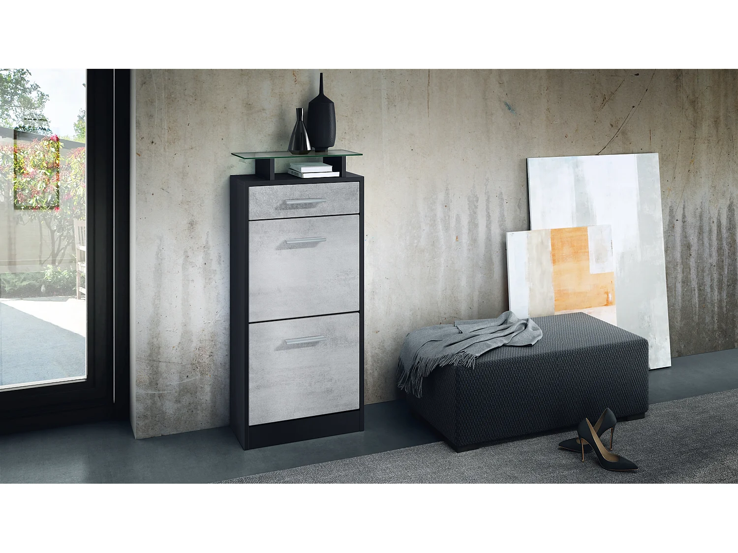 Loret V2, Scarpiera per 8 paia di scarpe con 2 ante a ribalta e 1 cassetto e ripiano in vetro, nero opaco/ossido di grigio (46 x 104 x 23 cm)