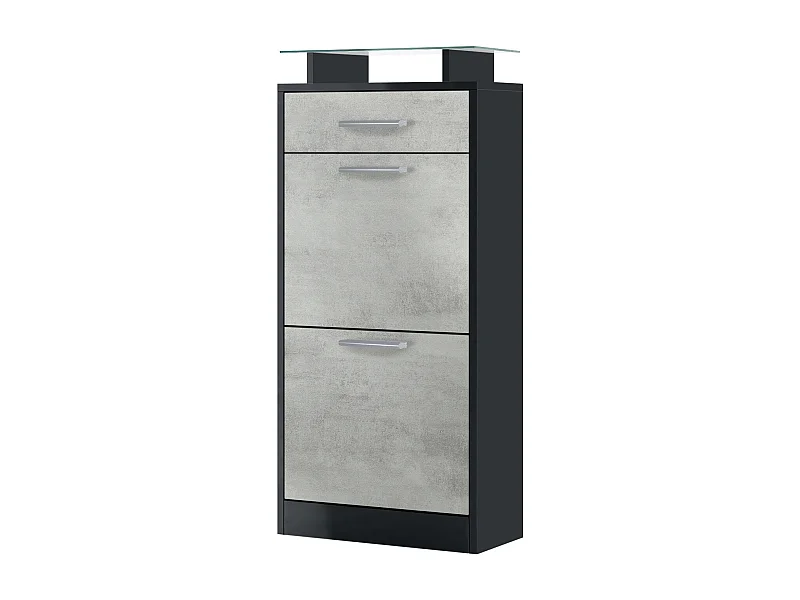 Meuble chaussure Loret V2, Étagère à chaussures pour 8 paires de chaussures avec 2 clapets, 1 tiroir, Noir mat/Aspect Béton Oxyde (46 x 104 x 23 cm)