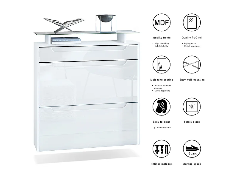 SCHUHSCHRANK Annie Weiß Hochglanz / Schwarz Hochglanz