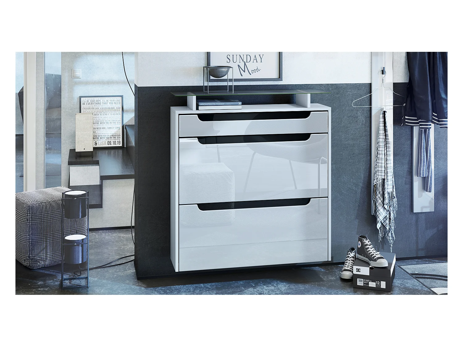 Meuble chaussures Annie pour 16 paires de chaussures avec 2 clapets et 1 tablette en verre, Blanc mat/Blanc haute brillance (89 x 96 x 23 cm)