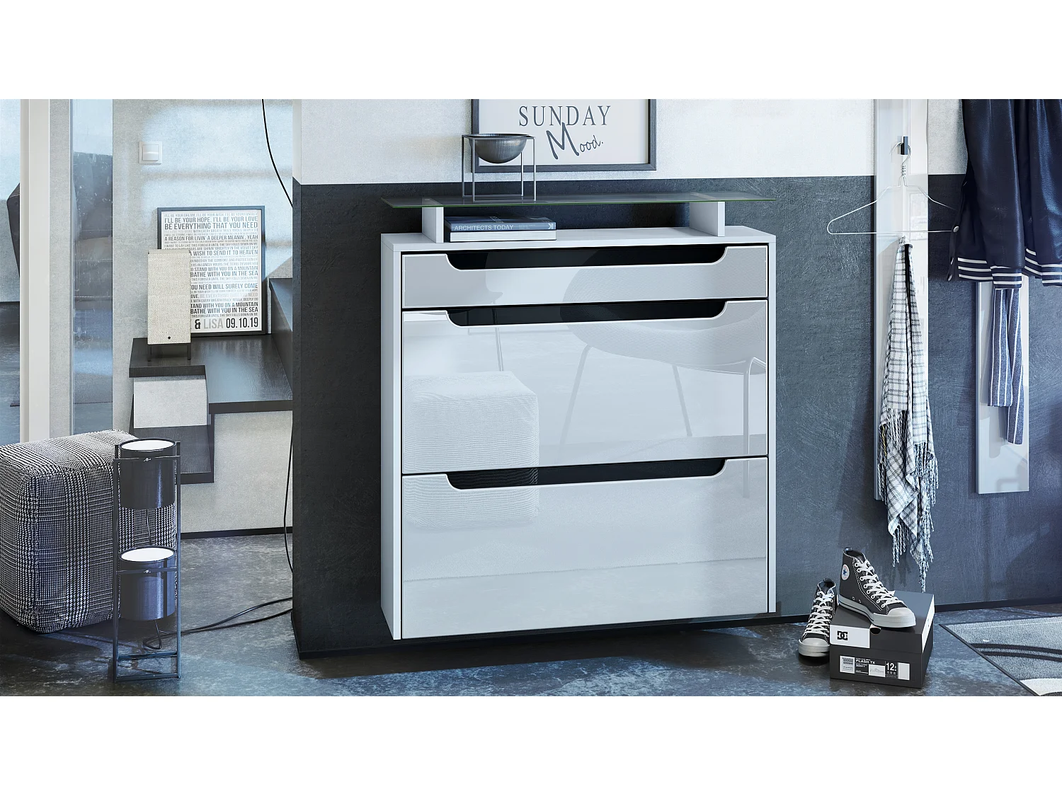 Scarpiera  Annie per 16 paia di scarpe con 2 ante a ribalta e ripiano in vetro, bianco opaco/bianco lucido (89 x 96 x 23 cm)