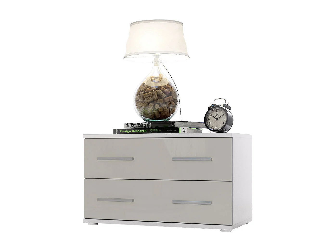 Table de chevet de nuit Kioto, Corps en Blanc mat / Façades en Gris sable haute brillance