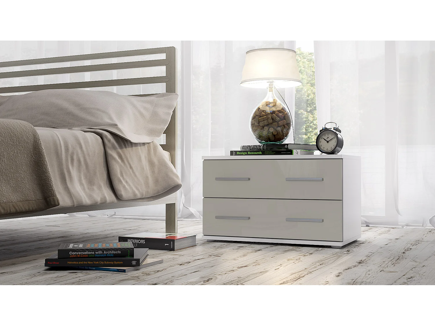 Table de chevet de nuit Kioto, Corps en Blanc mat / Façades en Gris sable haute brillance