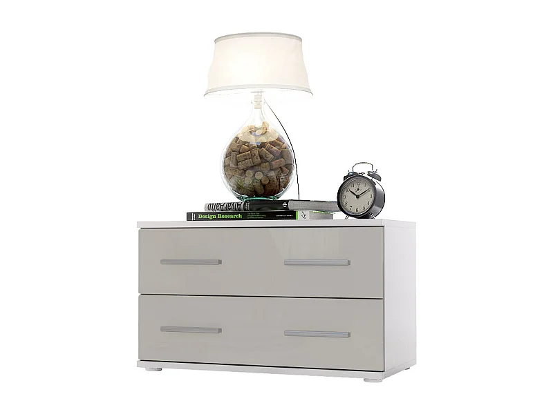 Mesa de noche Kioto, Cuerpo en Blanco mate / Frontal en Color Gris arena alto brillo