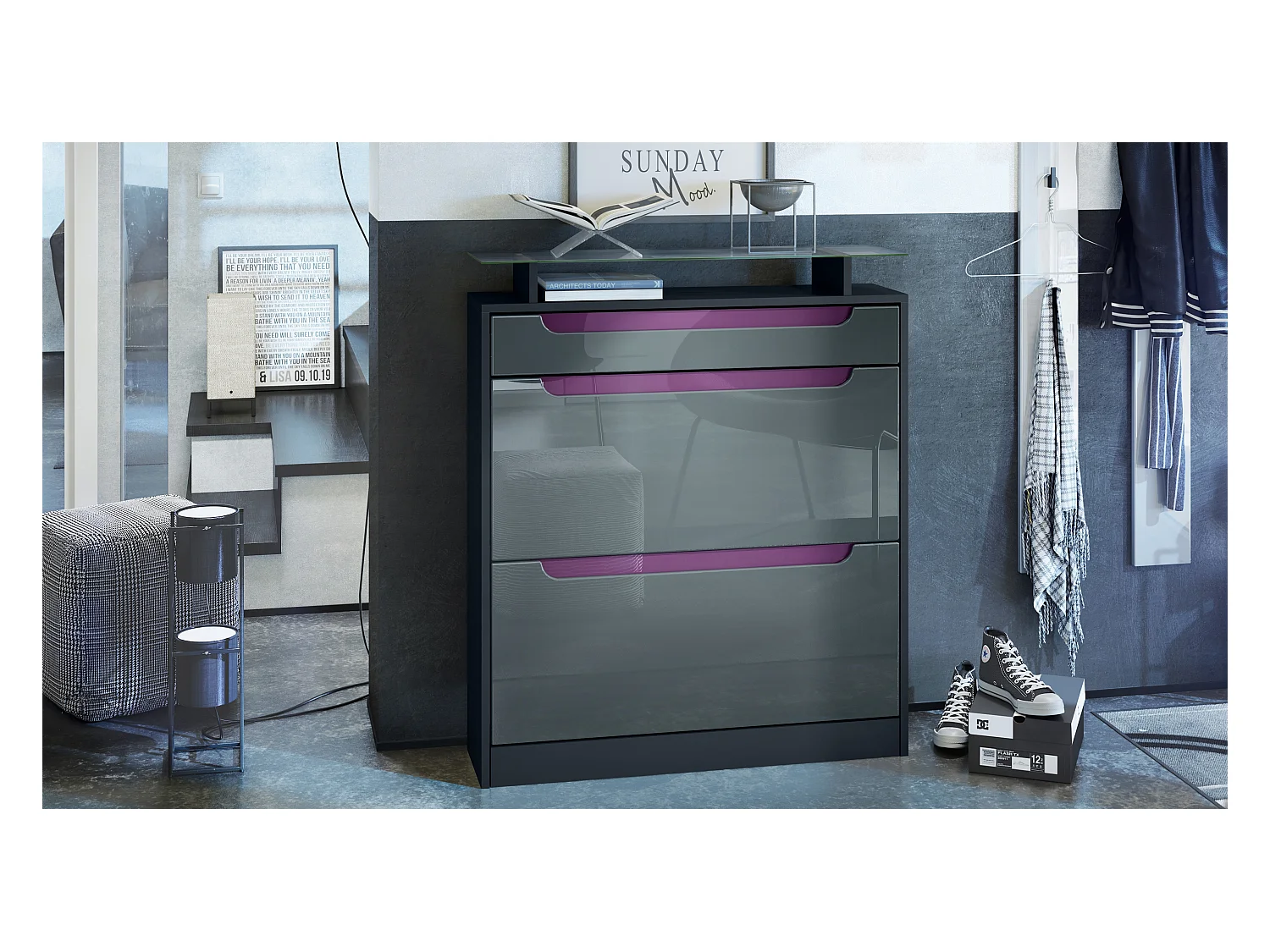 SCHUHSCHRANK Fiesta Grau Hochglanz / Brombeer Hochglanz