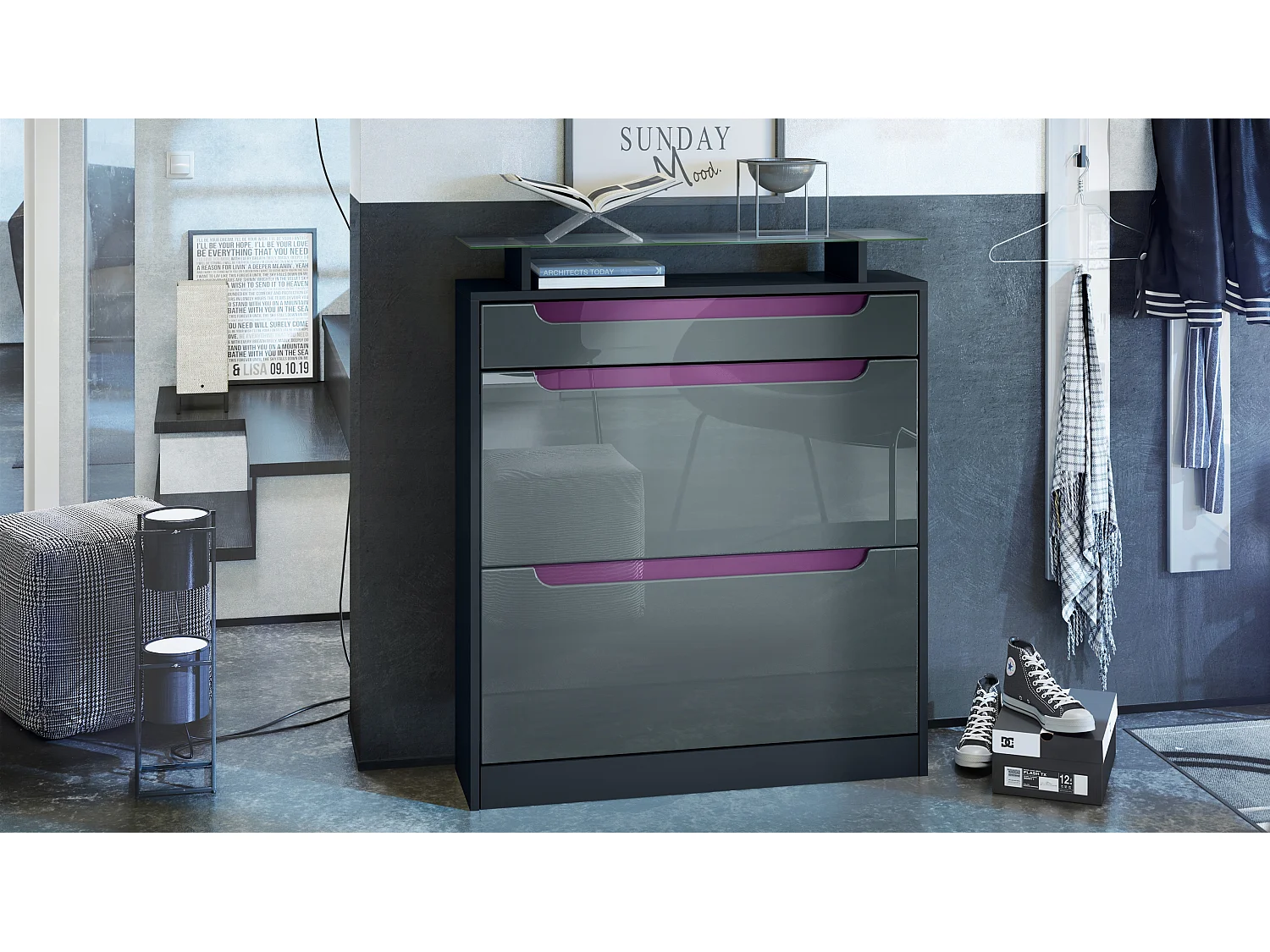 Vladon Scarpiera Fiesta, nero opaco/grigio lucido/violetto porpora lucido - ribaltabile per 16 paia di scarpe (89 x 104 x 23 cm)