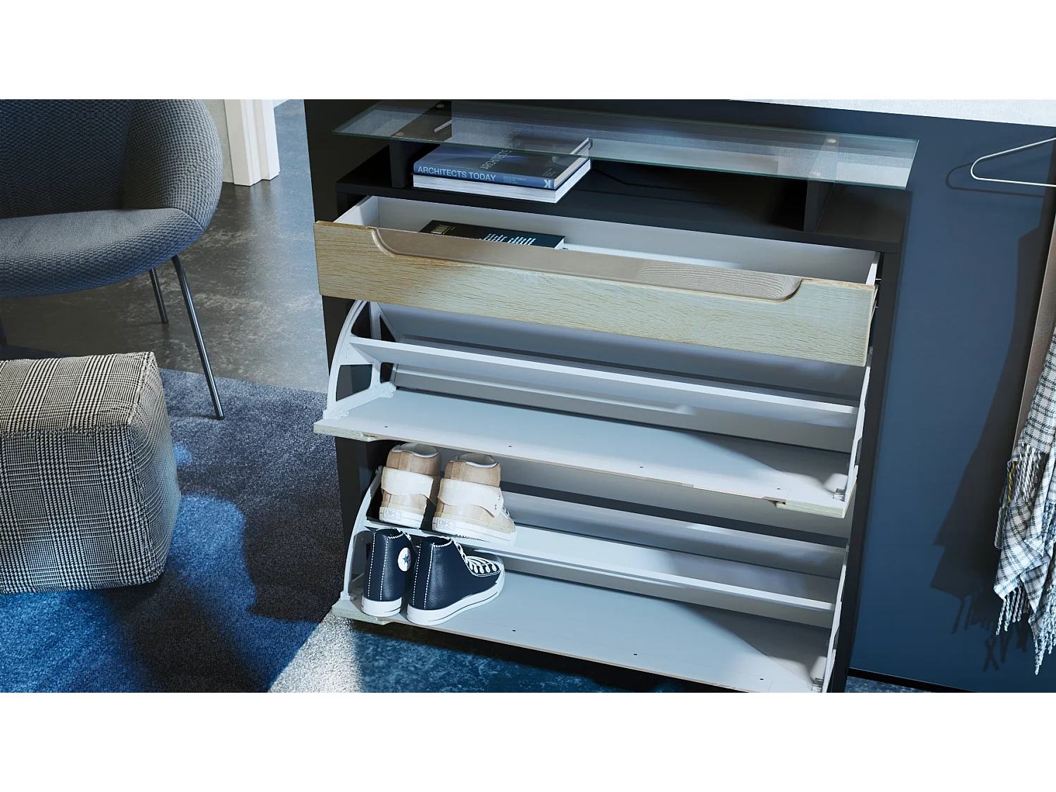 Vladon Scarpiera Fiesta, nero opaco/grigio lucido/violetto porpora lucido - ribaltabile per 16 paia di scarpe (89 x 104 x 23 cm)