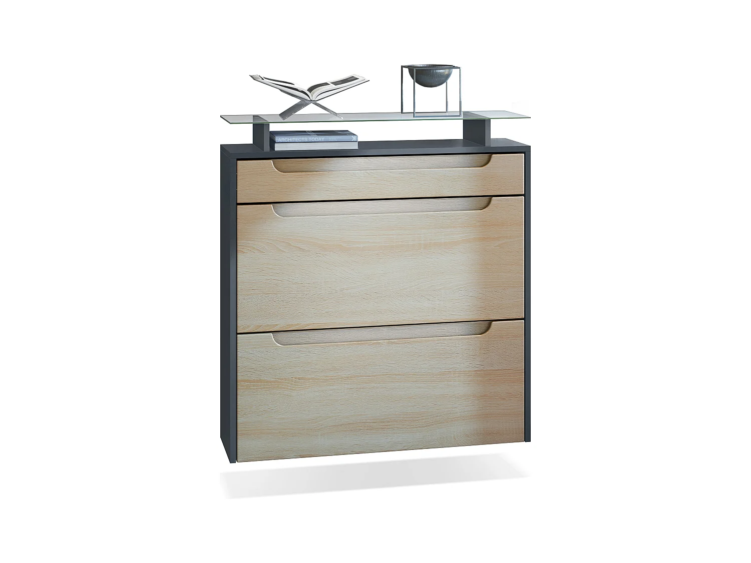 Scarpiera  Annie per 16 paia di scarpe con 2 ante a ribalta e ripiano in vetro, antracite/rovere grezzo, maniglie incassate in rovere grezzo (89 x 96 x 23 cm)