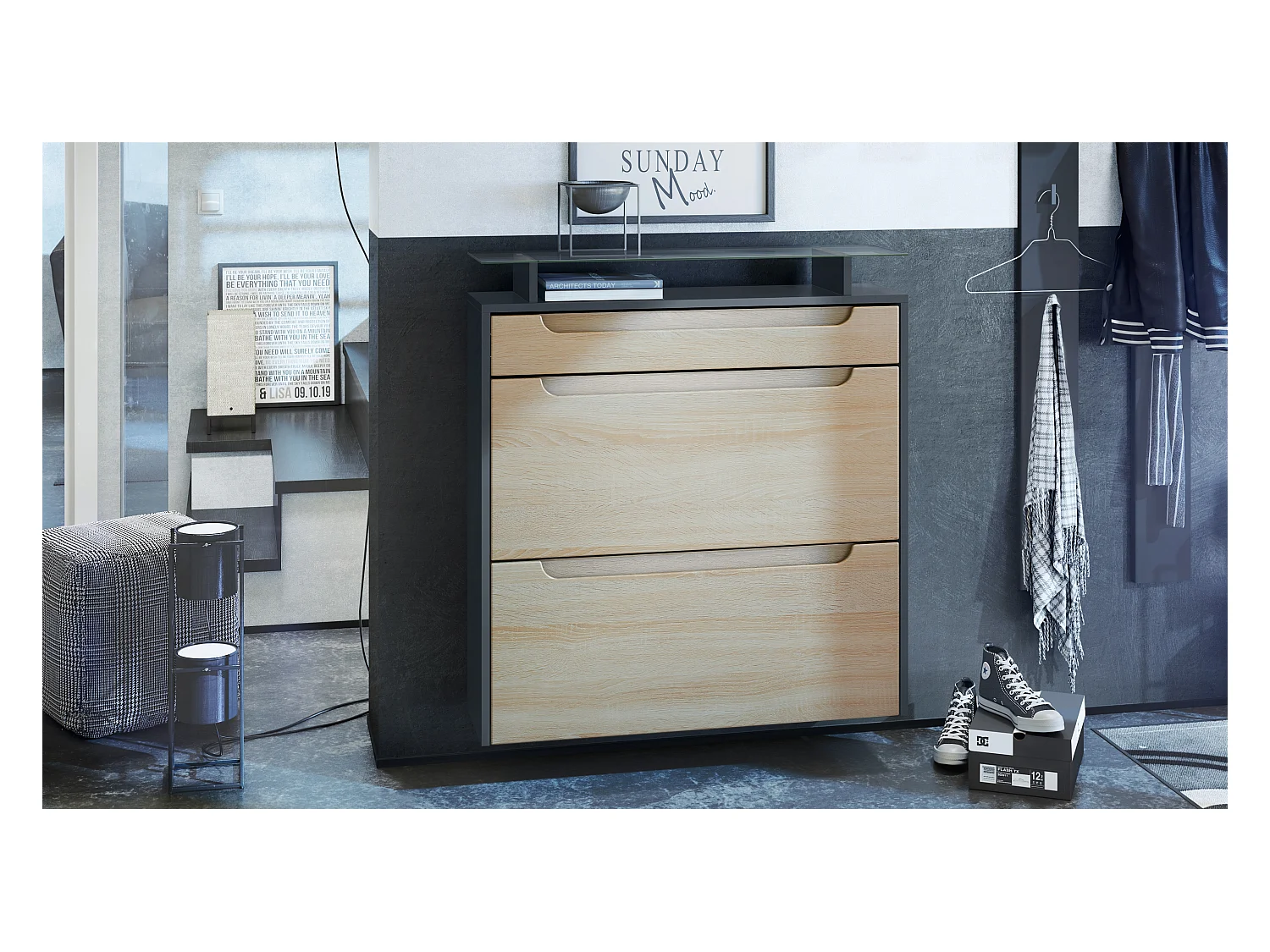 Scarpiera  Annie per 16 paia di scarpe con 2 ante a ribalta e ripiano in vetro, antracite/rovere grezzo, maniglie incassate in rovere grezzo (89 x 96 x 23 cm)