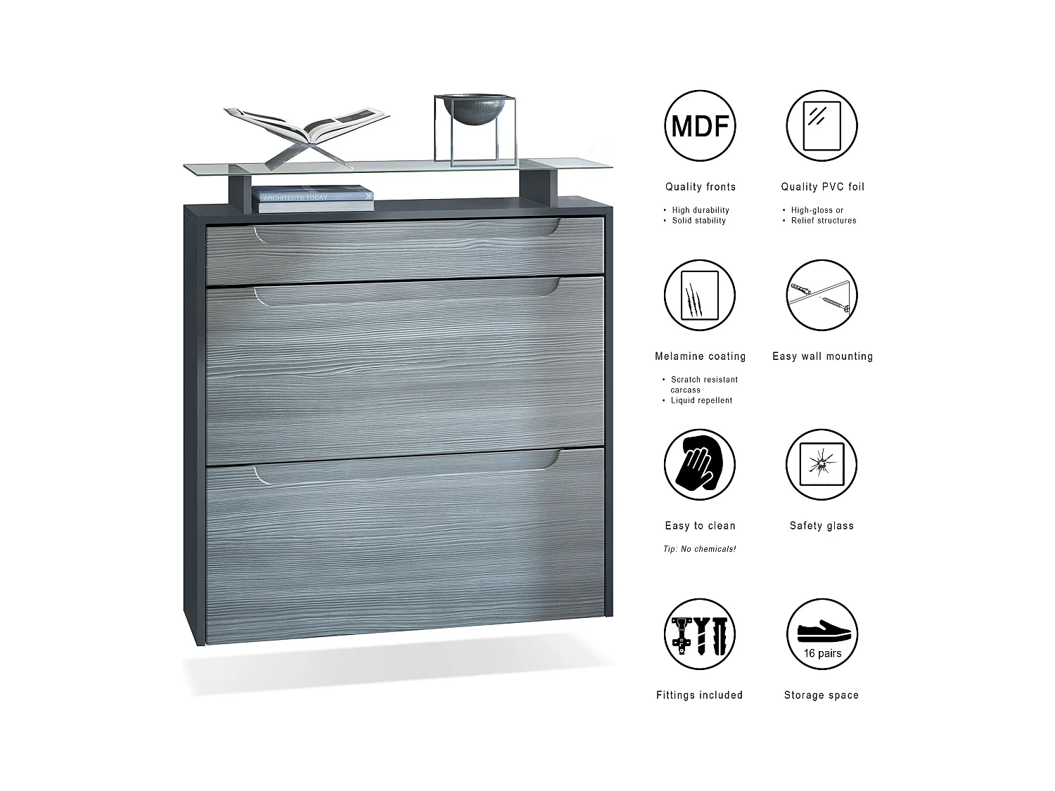 Scarpiera  Annie per 16 paia di scarpe con 2 ante a ribalta e ripiano in vetro, antracite/rovere grezzo, maniglie incassate in rovere grezzo (89 x 96 x 23 cm)