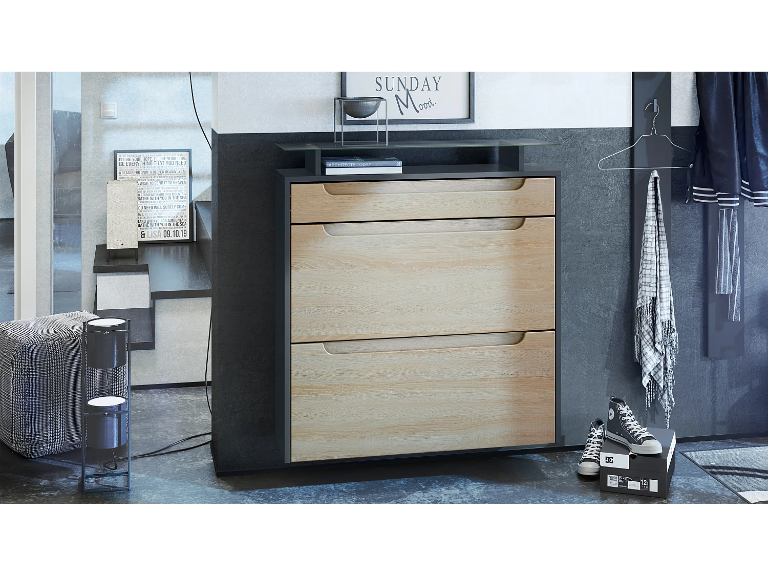 SCHUHSCHRANK Annie Fronten in Eiche sägerau, Griffmulden in Eiche sägerau