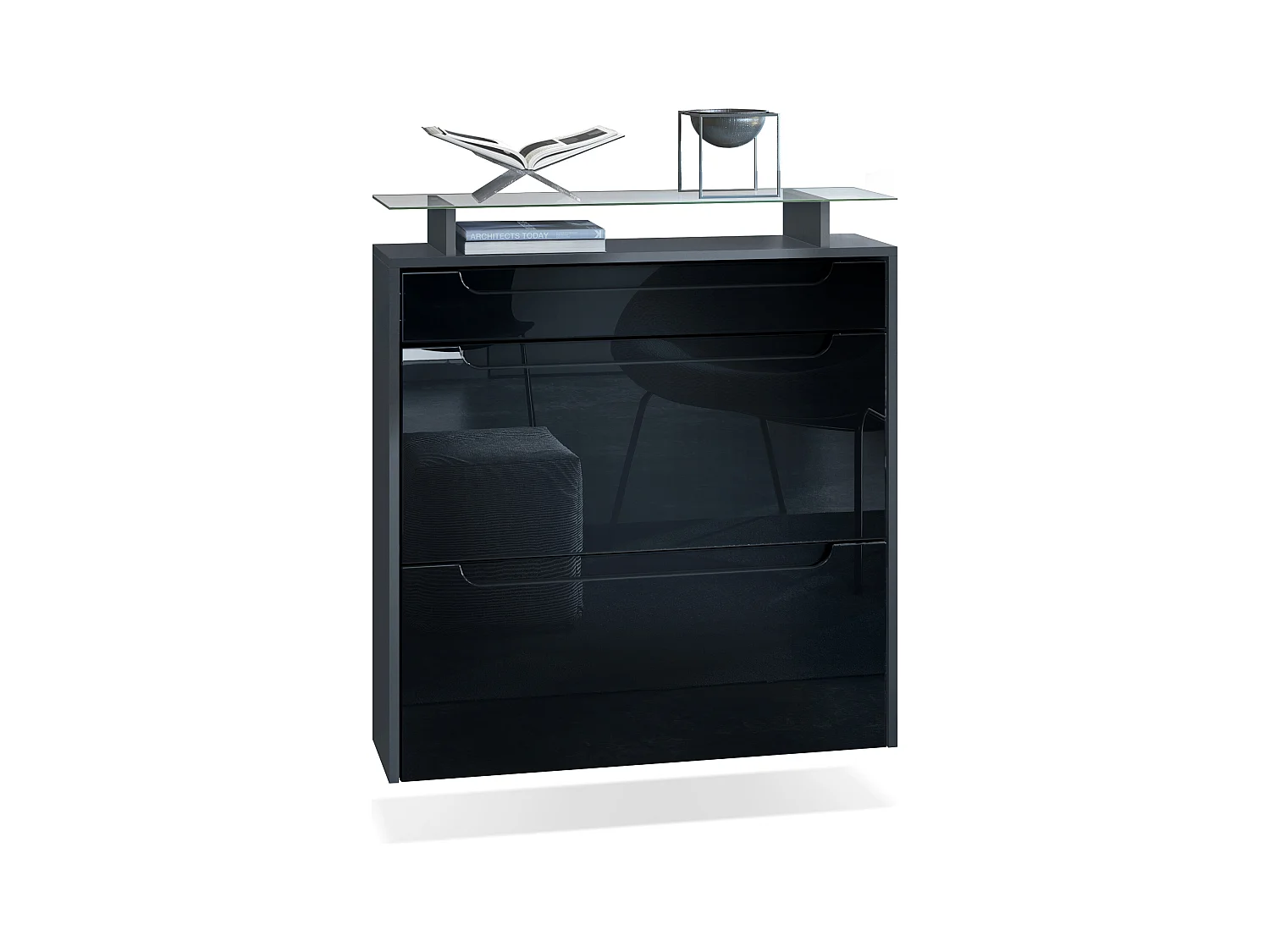 SCHUHSCHRANK Annie Fronten in Schwarz Hochglanz, Griffmulden in Schwarz Hochglanz