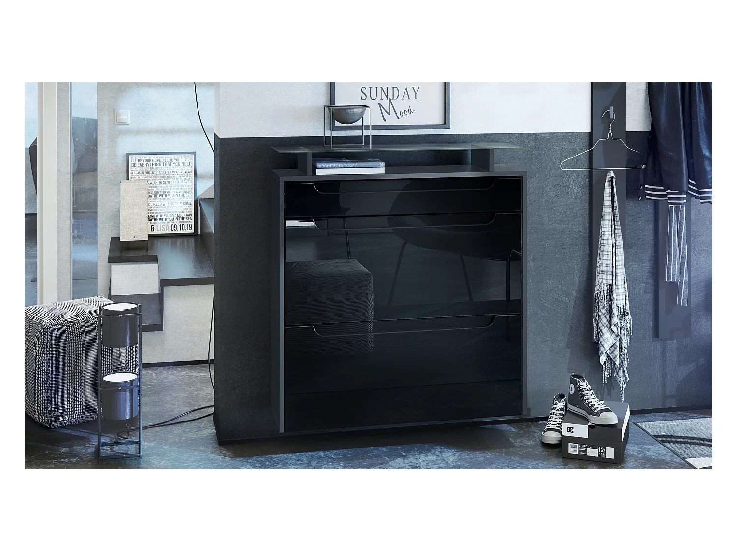 SCHUHSCHRANK Annie Fronten in Schwarz Hochglanz, Griffmulden in Schwarz Hochglanz