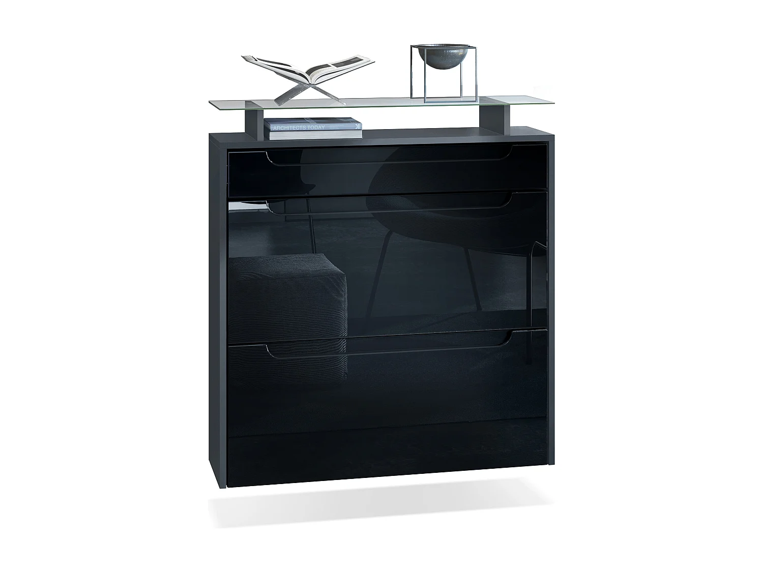 SCHUHSCHRANK Annie Fronten in Schwarz Hochglanz, Griffmulden in Schwarz Hochglanz