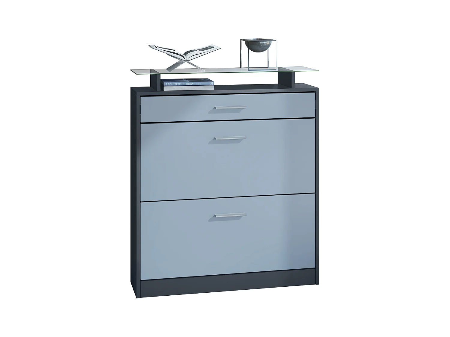 Meuble à chaussures Loret 89 x 104 x 23 cm pour 16 paires de chaussures, caisson en Anthracite mat et façades en Denim mat