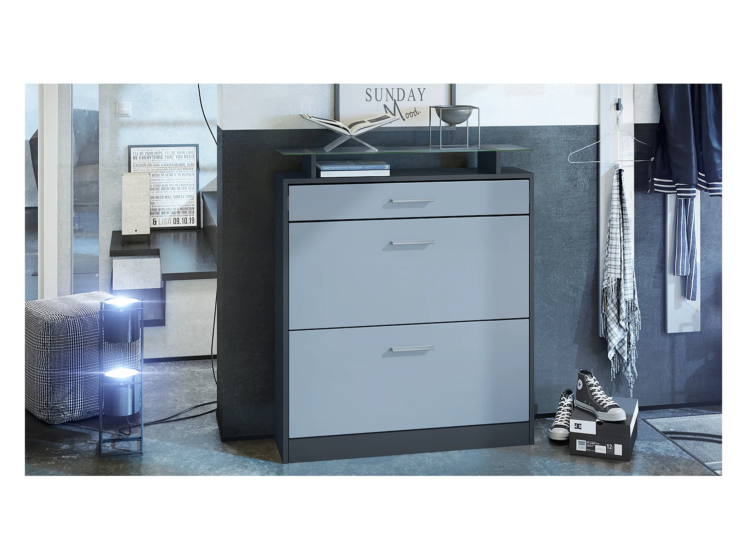 Meuble à chaussures Loret 89 x 104 x 23 cm pour 16 paires de chaussures, caisson en Anthracite mat et façades en Denim mat