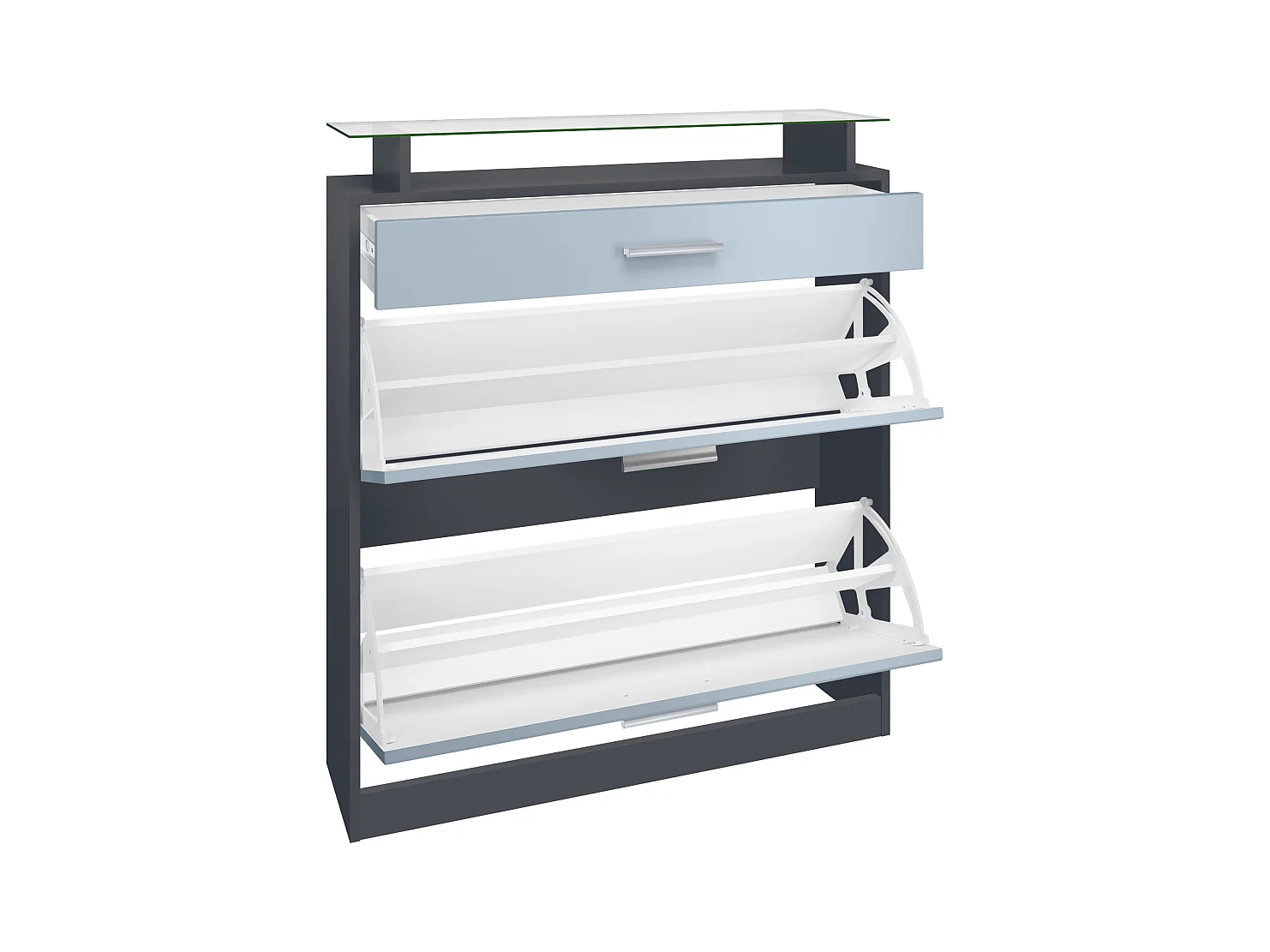 Meuble à chaussures Loret 89 x 104 x 23 cm pour 16 paires de chaussures, caisson en Anthracite mat et façades en Denim mat