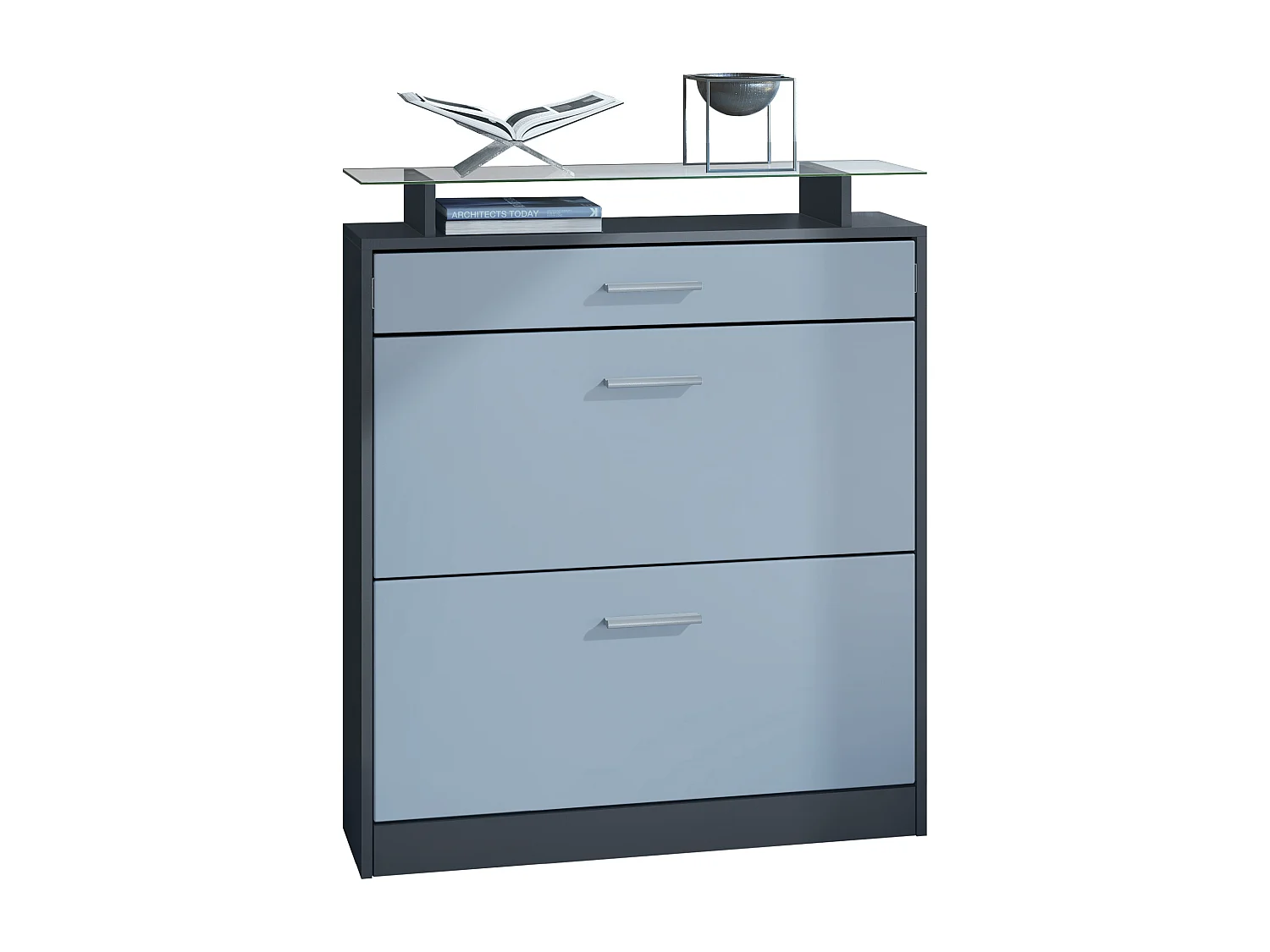 Scarpiera Loret 89 x 104 x 23 cm per 16 paia di scarpe, con ripiano in vetro, struttura in antracite opaco, frontale in denim opaco.