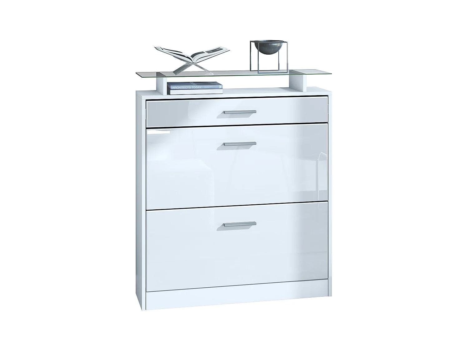 Meuble chaussure Loret, Étagère à chaussures pour 16 paires de chaussures avec 2 clapets à bascule, 1 tiroir, Blanc mat/Blanc brillant (89 x 104 x 23 cm)