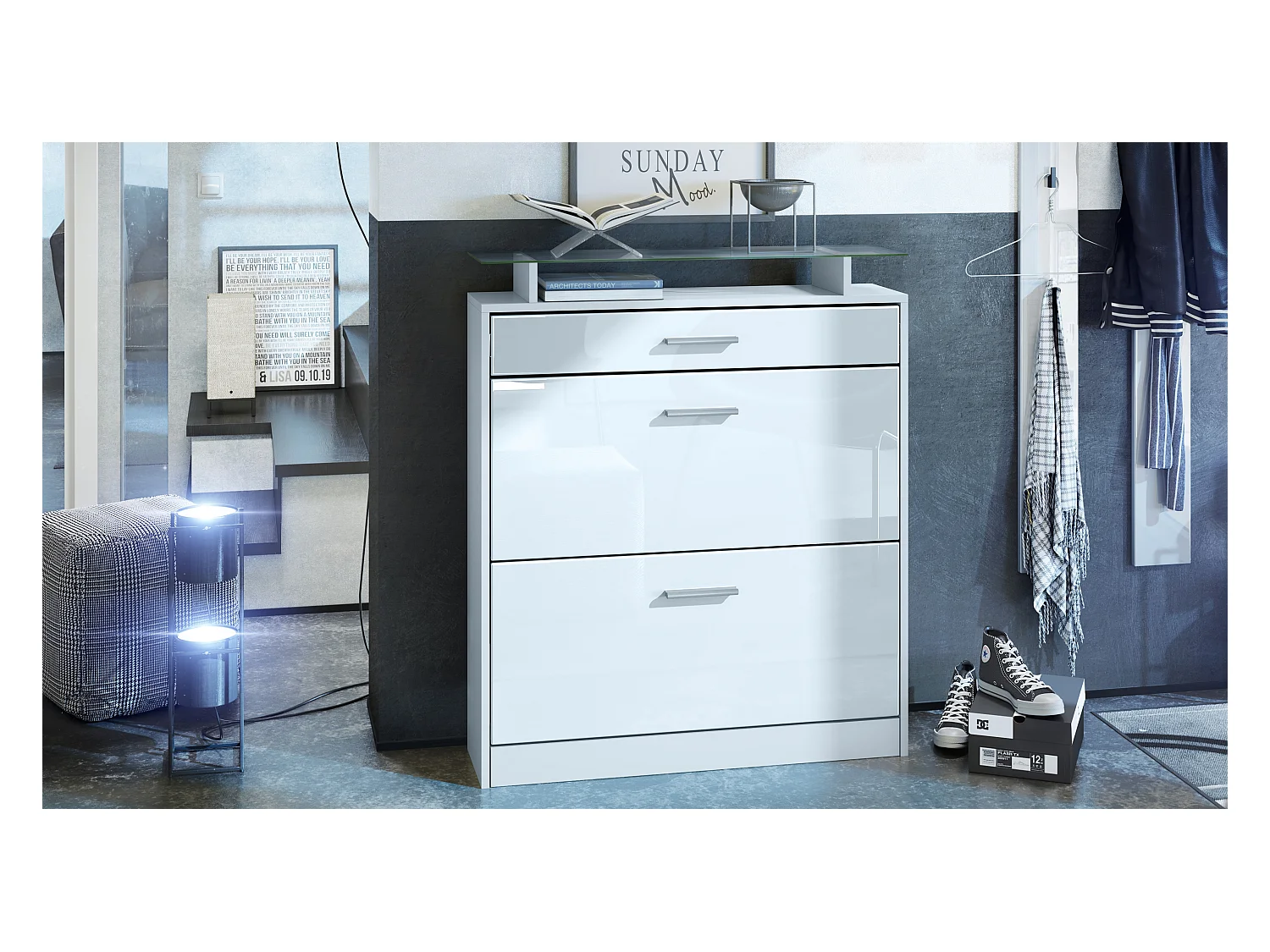 Meuble chaussure Loret, Étagère à chaussures pour 16 paires de chaussures avec 2 clapets à bascule, 1 tiroir, Blanc mat/Blanc brillant (89 x 104 x 23 cm)